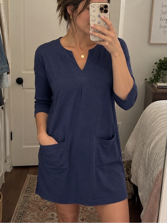 Lilly Pulitzer Dresses & Skirts - Lilly Pulitzer Navy Knit Tunic Dress XS 3/4 Sleeve Pockets Split Neck Casual